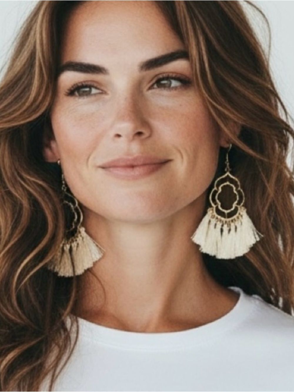 Clover Boho Tassel Drop Earrings in Cream - Lightweight Statement Jewelry